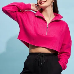 STREET 9 Fuchsia Mock Collar Pure Cotton Crop Sweatshirt-image-57