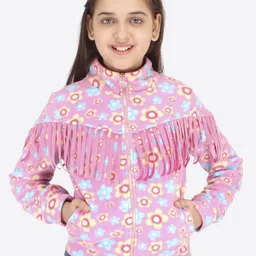 CUTECUMBER Girls Pink Floral Printed Fringes Front-Open Sweatshirt-image-19