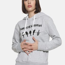 Campus Sutra Women Grey & Black Printed Hooded Sweatshirt-image-14