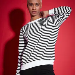 SASSAFRAS Black & White Striped Round Neck Pullover-image-49