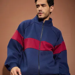 MASCLN SASSAFRAS Navy Blue & Red Colourblocked Mock Collar Front-Open Sweatshirt-picture-16
