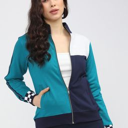 Tokyo Talkies Women Green Colourblocked High Neck Long Sleeve Sweatshirt-image-130