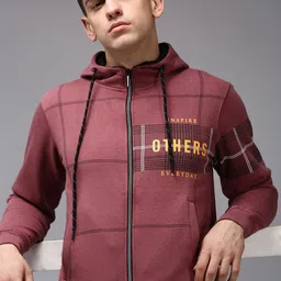 SHOWOFF Men Mauve Checked Hooded Cotton Sweatshirt-image-9