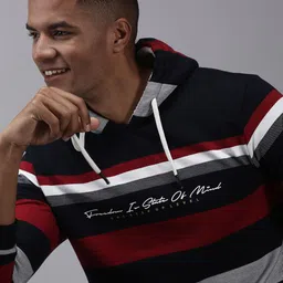 SHOWOFF Men Navy Blue & Red Striped Hooded Cotton Sweatshirt-10