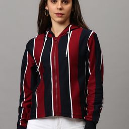 Campus Sutra Women Red & Black Striped Hooded Sweatshirt-image-35
