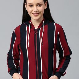 Campus Sutra Women Red & Black Striped Hooded Sweatshirt-image-92