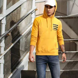 Roadster Men Mustard Yellow Solid Hooded Sweatshirt-image-91