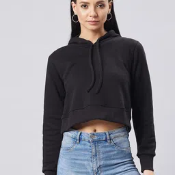 DOLCE CRUDO Women Black Solid Crop Hooded Sweatshirt-picture-35