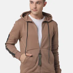 Campus Sutra Men Brown Hooded Cotton Front-Open Sweatshirt-image-34