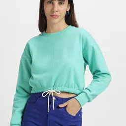 JUNEBERRY Round Neck Drop-Shoulder Sleeves Crop Pullover Fleece Sweatshirt-22