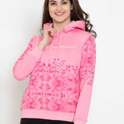 FLOSBERRY Women Pink Printed Fleece Hooded Sweatshirt-picture-36