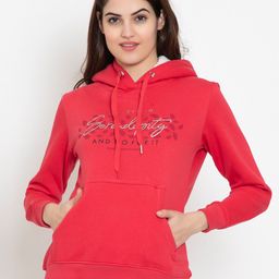 FLOSBERRY Women Red Printed Fleece Hooded Sweatshirt-image-16
