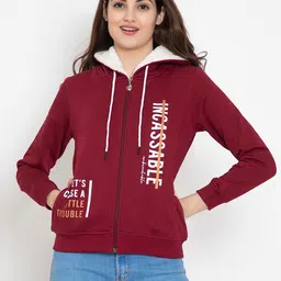 FLOSBERRY Women Maroon Printed Fleece Hooded Sweatshirt-picture-57