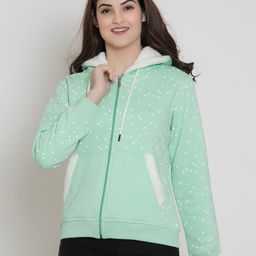 FLOSBERRY Women Sea Green Printed Fleece Hooded Sweatshirt-image-77