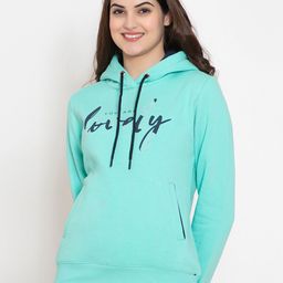 FLOSBERRY Women Sea Green Printed Fleece Hooded Sweatshirt-image-69