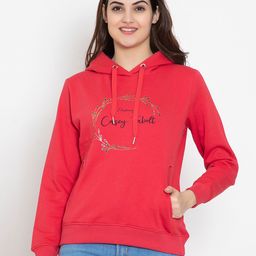 FLOSBERRY Women Red Printed Fleece Hooded Sweatshirt-image-23