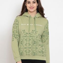 FLOSBERRY Women Green Printed Fleece Hooded Sweatshirt-image-22