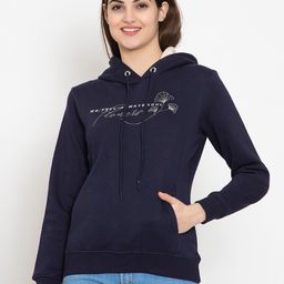 FLOSBERRY Women Navy Blue Printed Fleece Hooded Sweatshirt-image-55