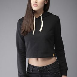 Campus Sutra Women Black Hooded Crop Sweatshirt-image-75