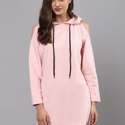 Campus Sutra Women Pink Cold Shoulder Hooded Sweatshirt-image-63