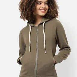 Campus Sutra Women Olive Green Regular Fit Zipper Hooded Sweatshirt-image-1