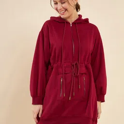 Antheaa Maroon Hooded Fleece Longline Sweatshirt-26