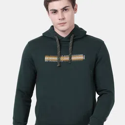 t-base Men Green Printed Hooded Fleece Sweatshirt-image-3