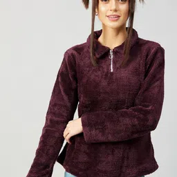 Athena Women Burgundy Solid Spread Collar Sweatshirt-picture-30