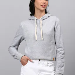 Campus Sutra Women Grey Crop Hooded Sweatshirt-image-92