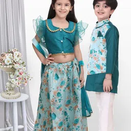 BownBee Girls Green & Green Solid Ready to Wear Lehenga & Blouse with Dupatta-image-16
