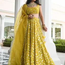 FABPIXEL Embroidered Sequinned Semi-Stitched Lehenga & Unstitched Blouse With Dupatta-picture-17
