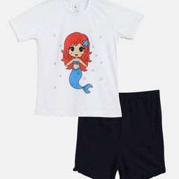 Wyld Sprog Girls White & Black Mermaid Printed Cotton T-shirt with Shorts-42
