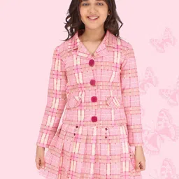 CUTECUMBER Girls Pink & Cream-Colored Checked Suede Coat with Skirt-image-1