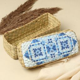 HABERE INDIA Beige & Blue Printed Seagrass Storage Basket-43