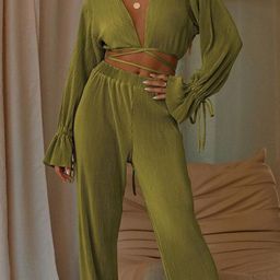 StyleCast x Revolte V-Neck Tie Up Detail Self Design Long Sleeves Top and Trousers-image-85