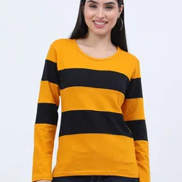 Fleximaa Women Mustard Yellow & Black Striped T-shirt-picture-4