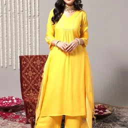 Varanga Women Yellow Solid Bhagalpuri Silk Kurta with Palazzos & Dupatta-picture-25