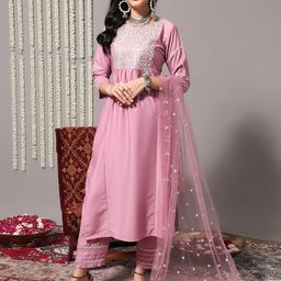 Varanga Women Pink & Silver-Toned Yoke Design Kurta with Palazzos & Dupatta-picture-34
