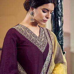 KALINI V Neck Embroidered Thread Work Kurti with Trousers & With Dupatta image 2