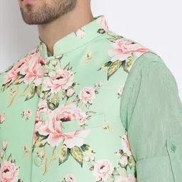 Hangup Men Mandarin Collar Rolled Up Sleeves Kurta With Pyjama And Printed Nehru Jacket image 2