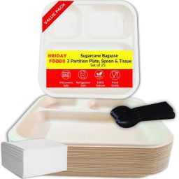 Hriday Foods Sugarcane Bagasse 3 Partition Square Plates with Spoons & Tissue Dinner Plate-image-24