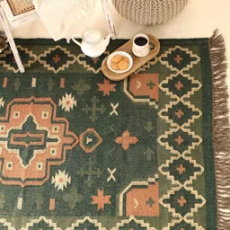 Peepul Tree Green & Peach Coloured Geometric Handmade Woollen Carpet image 3