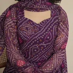 OneWe Bandhani Printed Regular Silk Chiffon Kurta With Churidar & Dupatta image 2