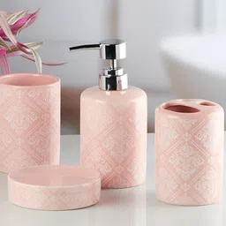 Kookee Pink & White 4 pieces Abstract Ceramic Bath Accessories Set image 2