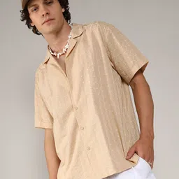 Campus Sutra Beige Classic Cuban Collar Self Design Casual Shirt-image-18