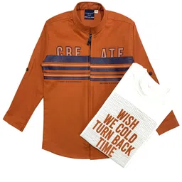 CHARCHIT Boys Rust Brown Printed Cotton Blend Casual Shirt with T-Shirt image 2