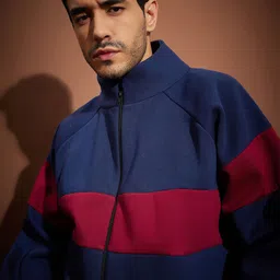 MASCLN SASSAFRAS Navy Blue & Red Colourblocked Mock Collar Front-Open Sweatshirt image 2