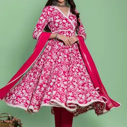 KASYA V Neck Floral Printed Empire Pure Cotton Anarkali Kurta with Palazzo & Dupatta-13