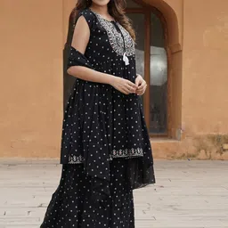 KALINI Ethnic Motifs Embroidered Regular Thread Work Kurta with Sharara & With Dupatta image 4