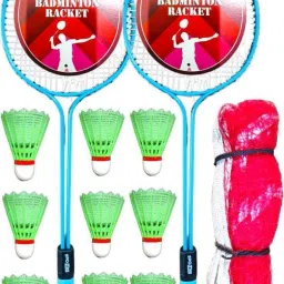 Badminton RACQUET Set Of 2 pcs kit set with 8 Nylon Shuttle WITH NET combo Multicolor Strung Badminton Racquet-3